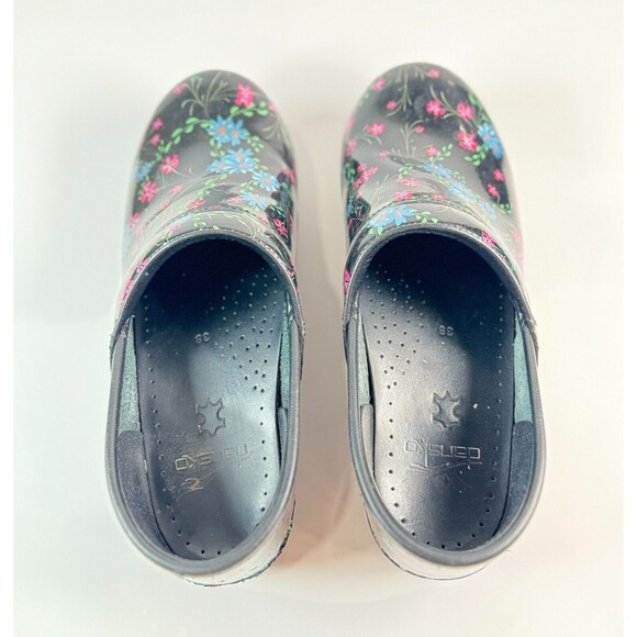 Dansko Womens Shoes Black Patent Leather Clogs Floral Slip On Nursing 38 US 8 - Picture 6 of 6